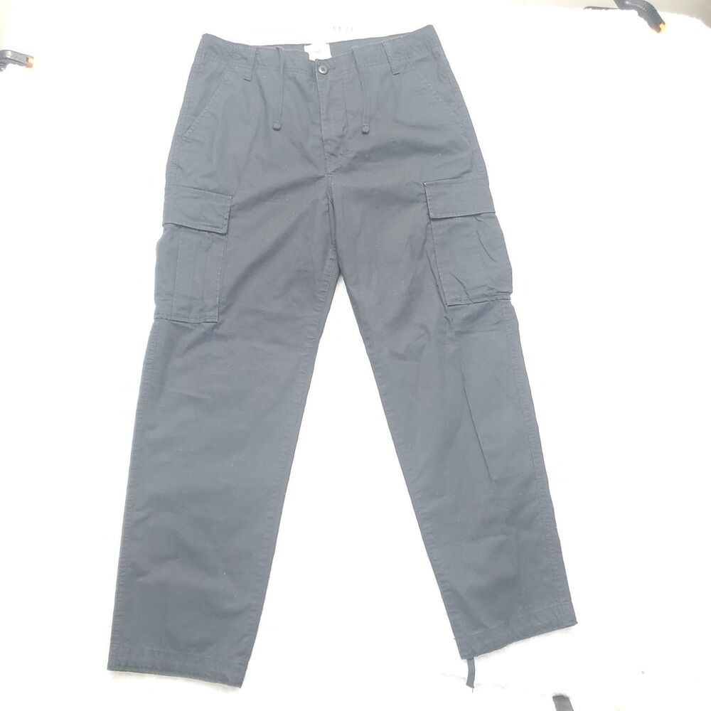 H&M Men's Regular Fit Cargo Pants Black 100% Cotton Drawstring Hem Size 31x28
